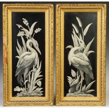 Two Paintings on Wood Panel of Herons