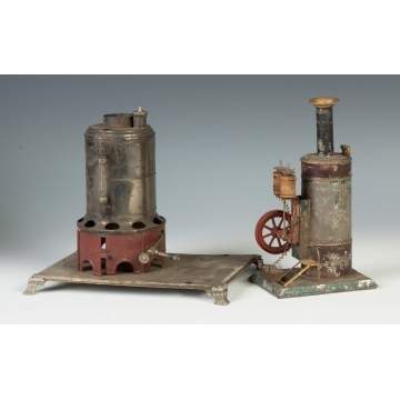 Five Hand Painted Tin Steam Accessories & Two Engines