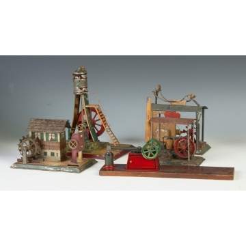 Five Hand Painted Tin Steam Accessories & Two Engines