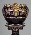 Majolica Cobalt Blue & Gold Leaf  Jardiniere & Pedestal