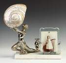 Art Deco Silver Plate & Marble Lamp w/Nautilus Shell Shade