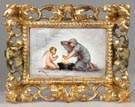 Painting on porcelain of cupid & woman, L'hiver (Winter)
