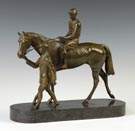 Patinaed Bronze Sculpture w/ Horse, Jockey & Trainer