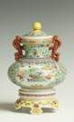 Chinese Porcelain Famille Covered Urn on Base with Scenic Panels