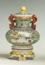 Chinese Porcelain Famille Covered Urn on Base with Scenic Panels