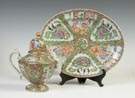 Chinese Export Rose Medallion Tea Pot & Oval Platter