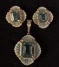 18K Gold Aquamarine, Diamond & Quartz Pendant with Matching Earrings