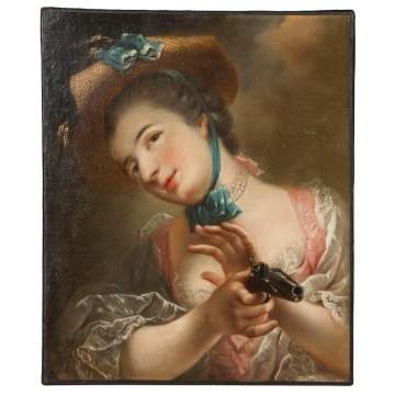Attr. to François Boucher (French 1703-1770) Portrait of a lady w/flintlock derringer 
