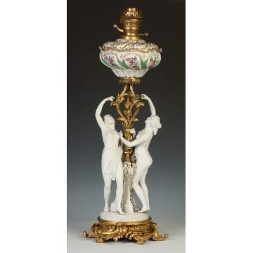 French Porcelain & Gilt Bronze Oil Lamp with Classical Figures  & Hand Painted Porcelain Tank