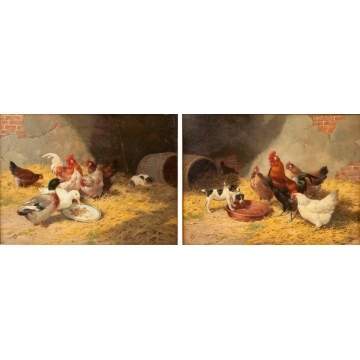 Claude Cardon (British, exh. 1892-1920) "Ducks & Hens" & "Puppies & Hens"