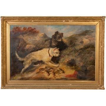 Painting of Hunting terriers in landscape