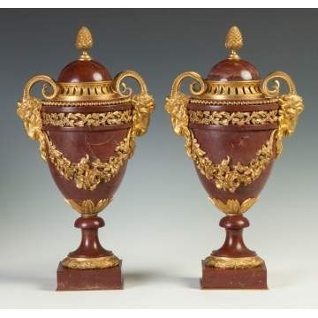 Roux Marble & Gilt Bronze Covered Urns