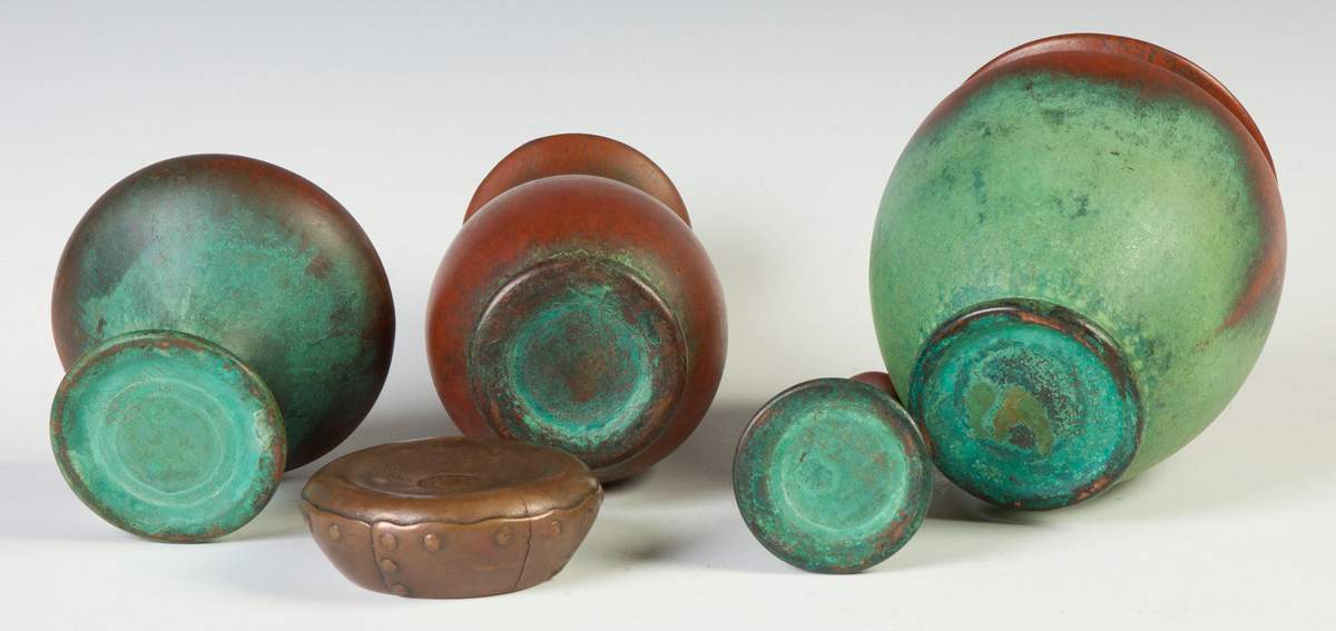 Five Clewells Copper Plated Art Pottery Pieces Cottone Auctions