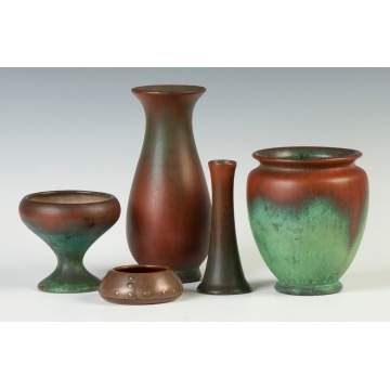 Five Clewells Copper Plated Art Pottery Pieces