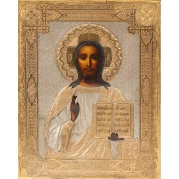 Russian Icon of Christ with Silver & Gold Overlay