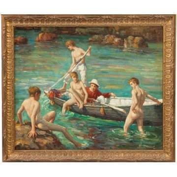 Painting by Demont, Boys with boat
