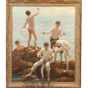 Painting by Demont, Boys fishing