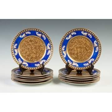 Twelve Piccard Hand Painted Plates with Stylized Peacocks