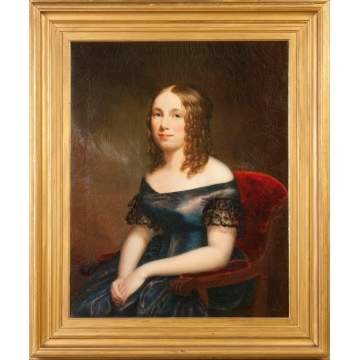 Portrait of a young lady in a blue dress, red chair