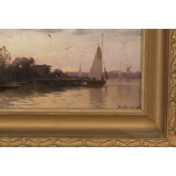 Hermann Ottomar Herzog  (American/German, 1832-1932) Pier at sunset,