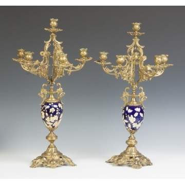 Pair of Victorian Brass & Porcelain Candelabras