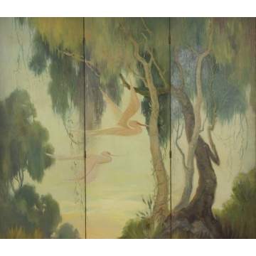 Eugene Dyczkowski (American, 1899-1987) Three Panel Folding Screen "Pink Roseate Spoonbills"