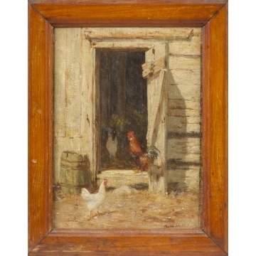 Burr H. Nicholls (American, 1848-1915) Chickens in barn doorway