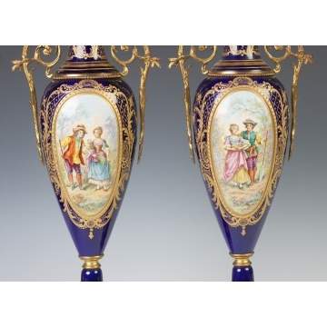 Pair of Sevres Style Hand Painted Urns