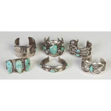 Six Navajo Silver & Turquoise Cuff Bracelets