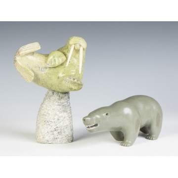 Two Inuit Carvings of a Walrus & a Bear