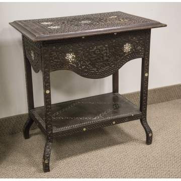 19th Century Hardwood Carved Mother of Pearl Table and 2 Chairs