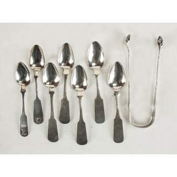 Group of Coin Silver Spoons, Ladle & Tongs