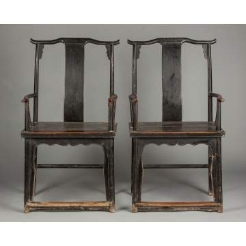 Pair of Early Chinese Yoke-Back Painted Armchairs