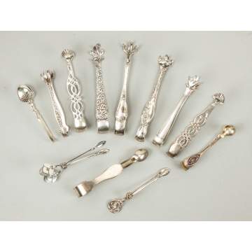 Twelve Various Sterling Silver Tongs
