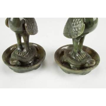 Chinese Carved Spinach Jade Candlesticks with Birds Standing on Turtles 