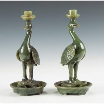 Chinese Carved Spinach Jade Candlesticks with Birds Standing on Turtles 