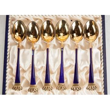 12 Enameled Sterling Silver Demitasse Spoons with Cases