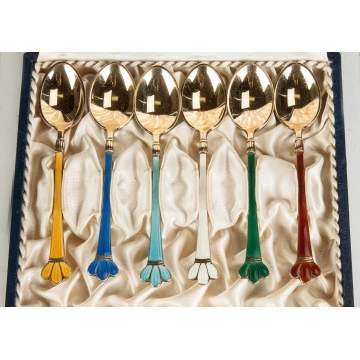 12 Enameled Sterling Silver Demitasse Spoons with Cases